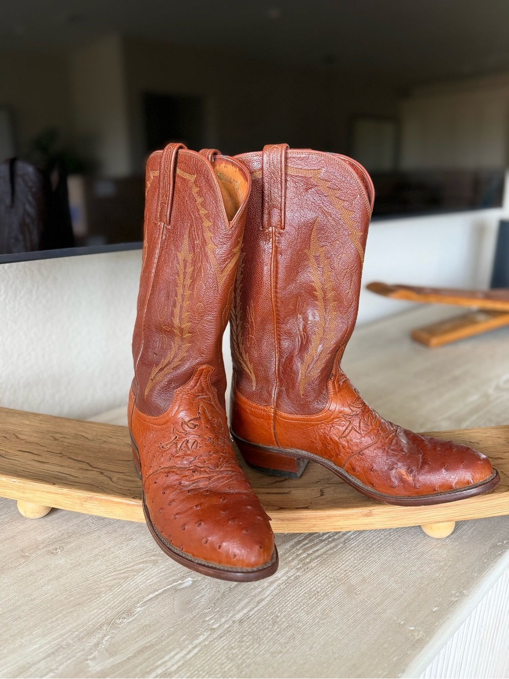 Tony Lama Chestnut Brown Western Cowboy Boots with Embossed Stitching